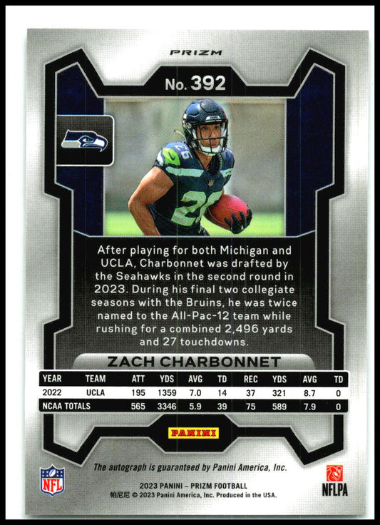 2023 Panini Prizm Rookie Auto Prizm No Huddle #392 Zach Charbonnet Auto Seattle