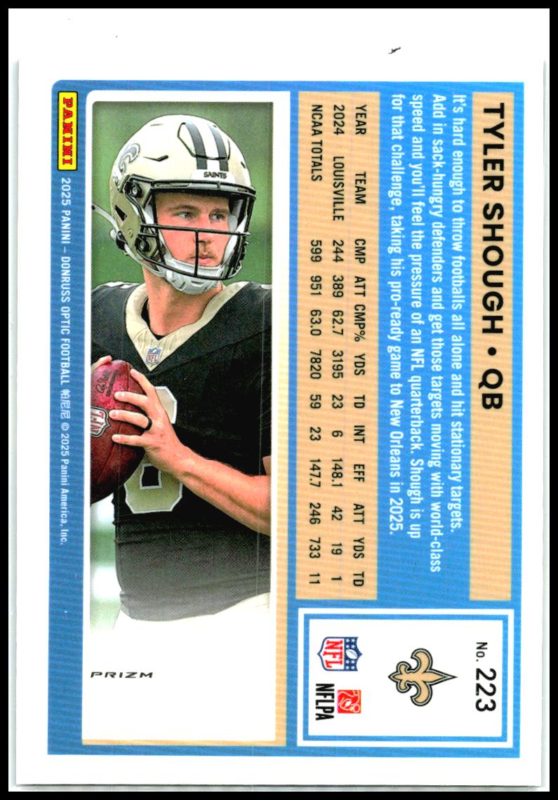 2025 Donruss Optic Purple Shock #223 Tyler Shough Rookie New Orleans Saints