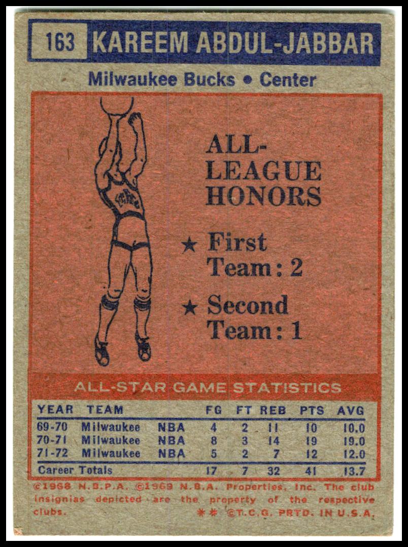 1972-73 Topps #163 Kareem Abdul-Jabbar Milwaukee Bucks