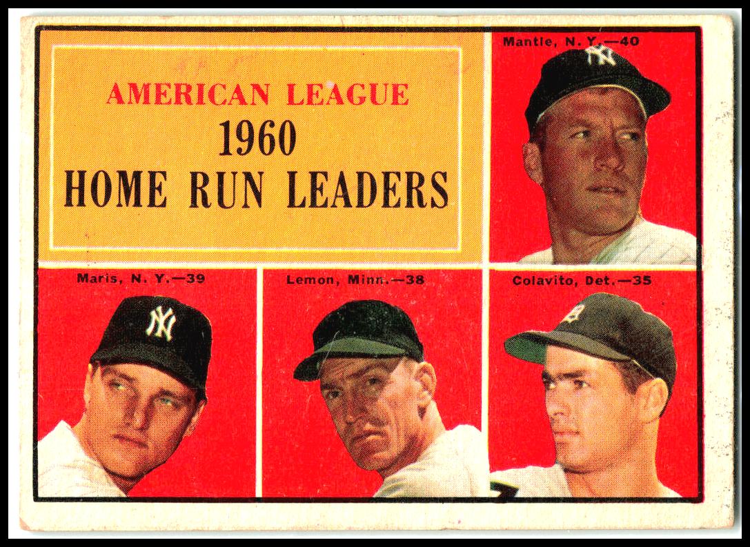 1961 Topps #44 Mickey Mantle Roger Maris AL Home Run Leaders Vintage Yankees VG