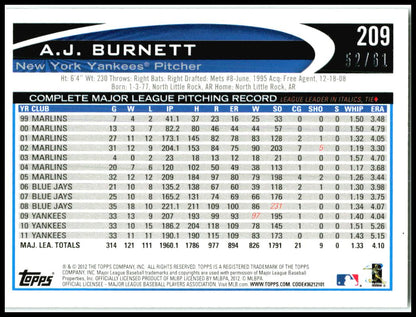 2012 Topps Black /61 #209 A.J. Burnett SP Serial Numbered New York Yankees