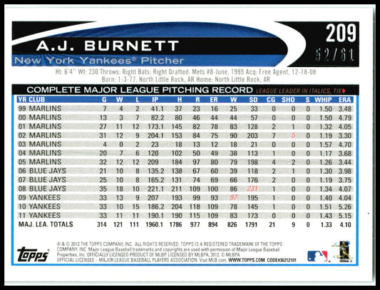 2012 Topps Black /61 #209 A.J. Burnett SP Serial Numbered New York Yankees