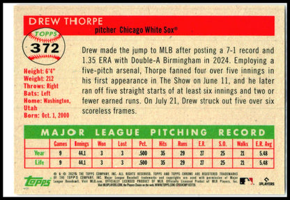2025 Topps Chrome Platinum Orange Refractors #372 Drew Thorpe Rookie White Sox