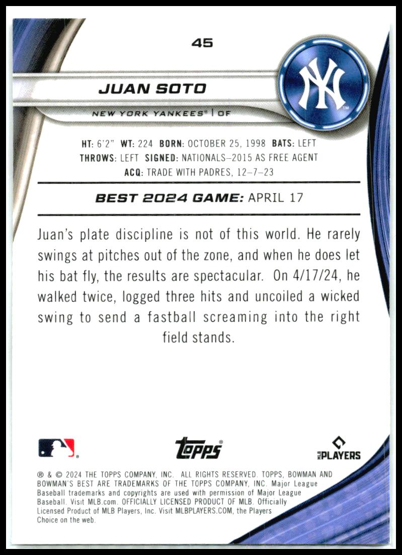 2024 Bowman's Best Wave Refractors #45 Juan Soto New York Yankees