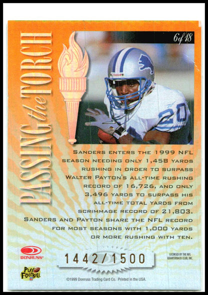 1999 Donruss Elite Passing the Torch #6 Barry Sanders Detroit Lions