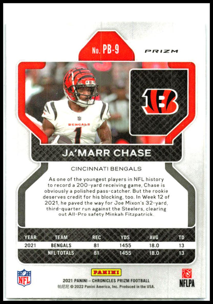 2021 Panini Chronicles Prizm Black Silver #PB-9 Ja'Marr Chase Cincinnati Bengals