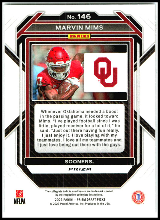 2023 Panini Prizm Draft Picks Prizms Snakeskin #146 Marvin Mims Oklahoma Sooners