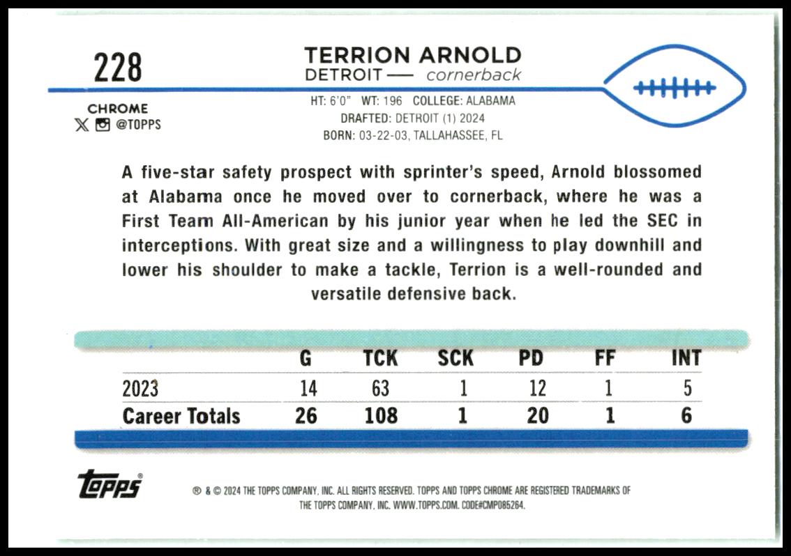 2024 Topps Chrome Green Sonar Refractor #228 Terrion Arnold Rookie Lions