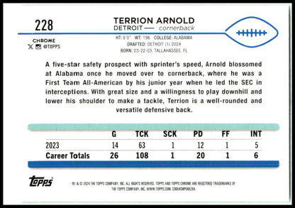 2024 Topps Chrome Green Sonar Refractor #228 Terrion Arnold Rookie Lions