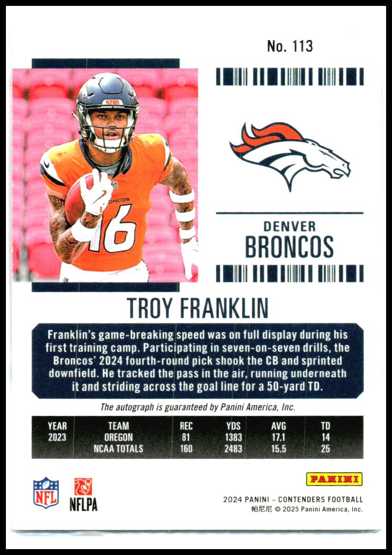 2024 Panini Contenders Ticket Stub #113 Troy Franklin Rookie Auto Broncos