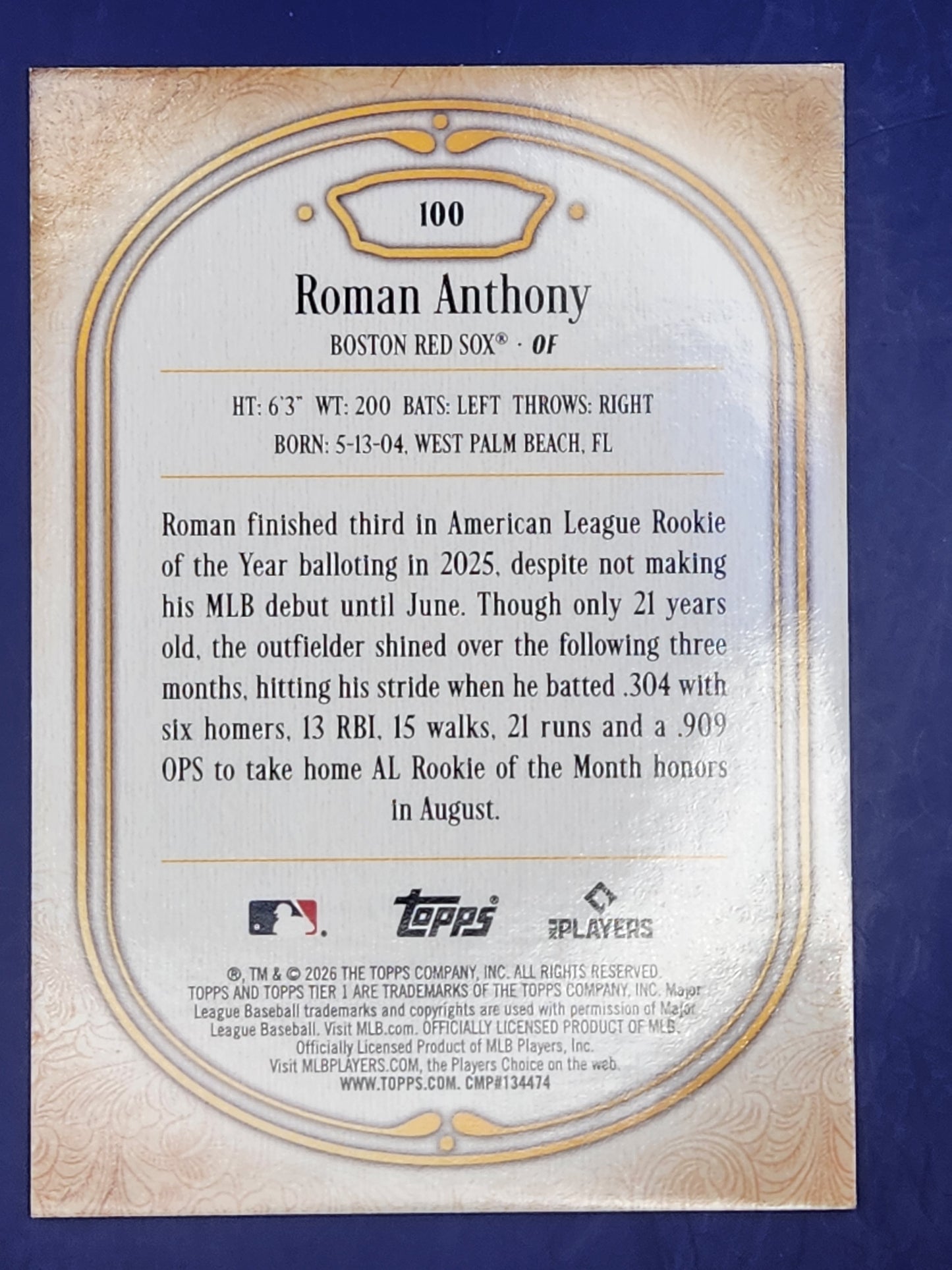 2026 Topps Tier One Red #/50 #100 Roman Anthony Rookie Boston