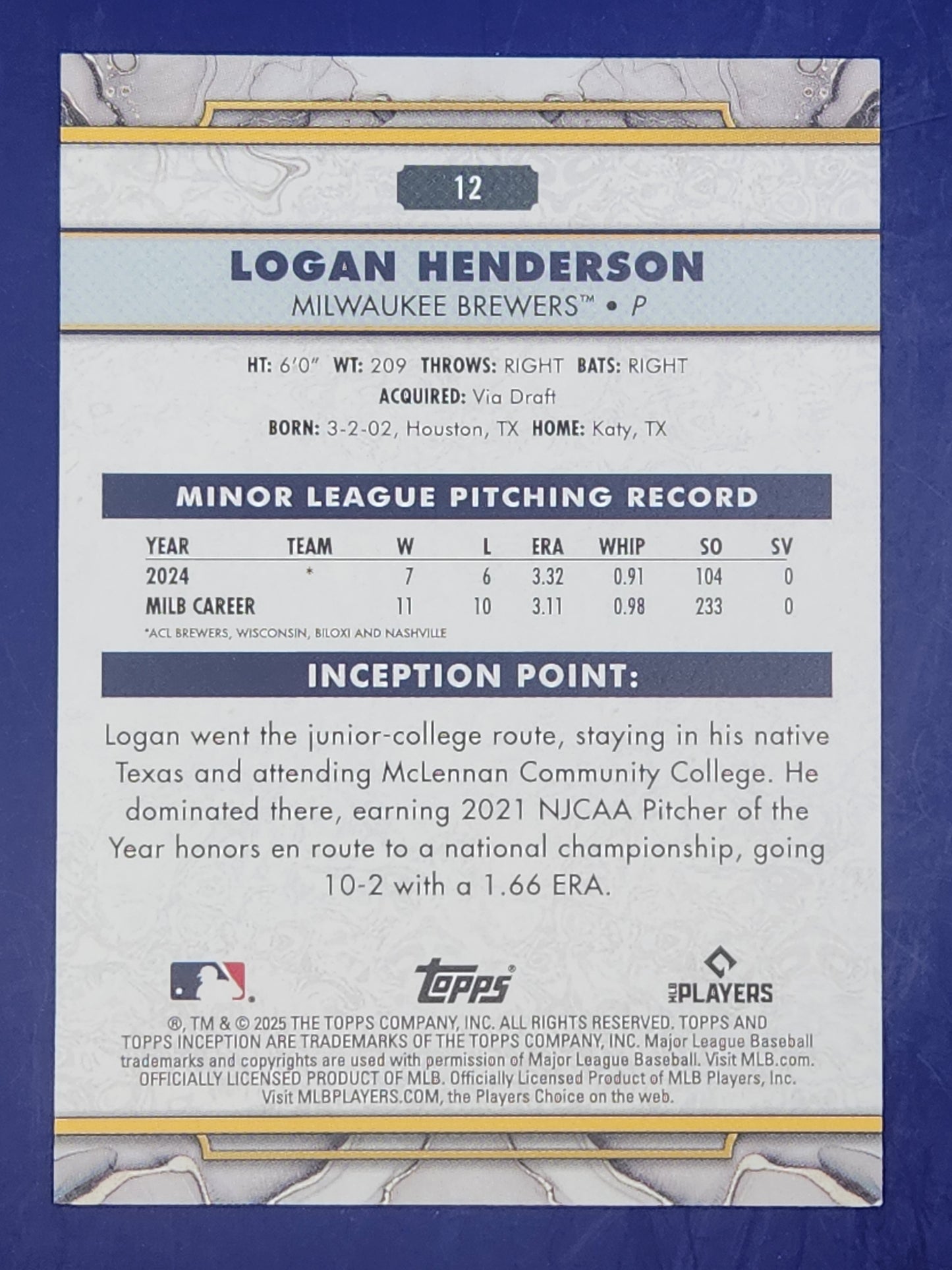 2025 Topps Inception Green #12 Logan Henderson Rookie Milwaukee Brewers