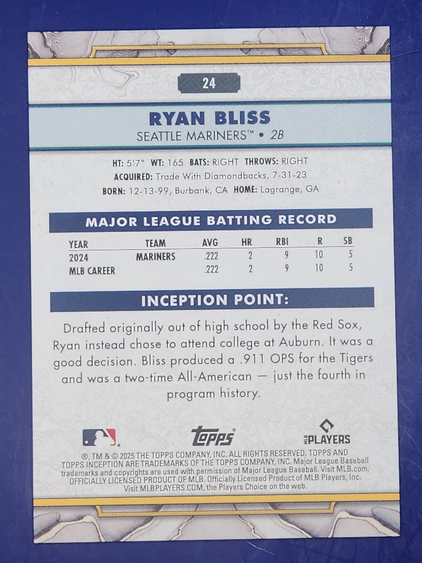 2025 Topps Inception #24 Ryan Bliss Rookie Seattle Mariners