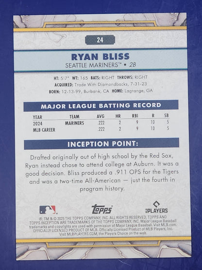 2025 Topps Inception #24 Ryan Bliss Rookie Seattle Mariners