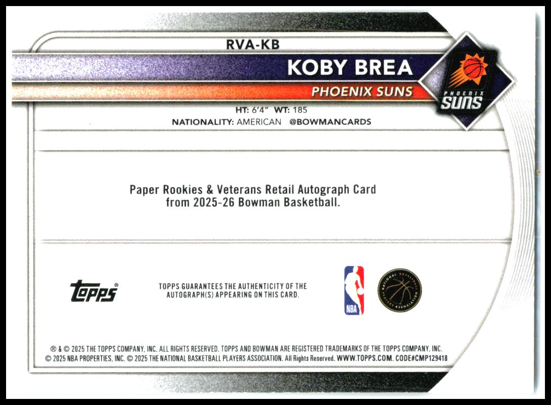 2025-26 Bowman Auto #RVA--KB Koby Brea RC AU Phoenix Suns