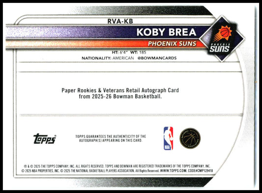 2025-26 Bowman Auto #RVA--KB Koby Brea RC AU Phoenix Suns