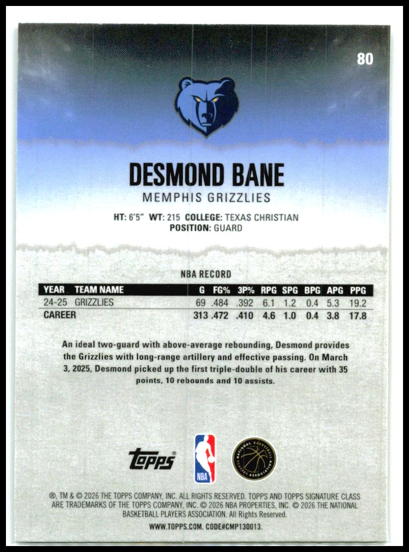 2025-26 Topps Signature Class Chrome Yellow Refractors #80 Desmond Bane