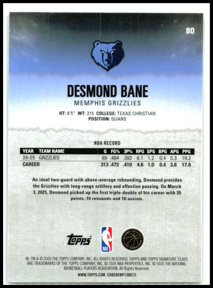 2025-26 Topps Signature Class Chrome Yellow Refractors #80 Desmond Bane
