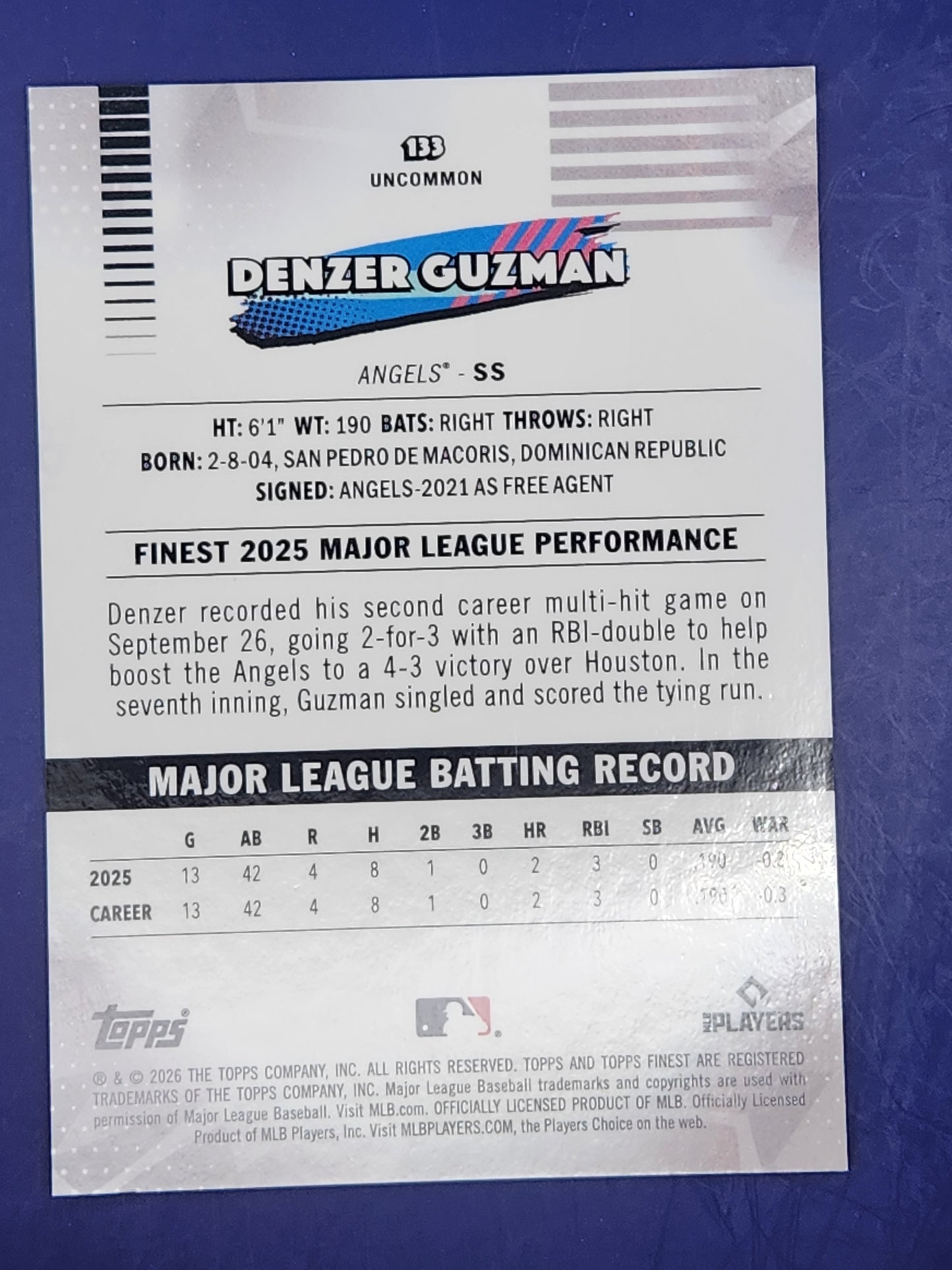 2026 Topps Finest Purple #/75 #133 Denzer Guzman
