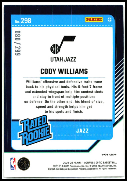 2024-25 Donruss Optic Hyper Orange #298 Cody Williams Rookie #/299 Utah Jazz