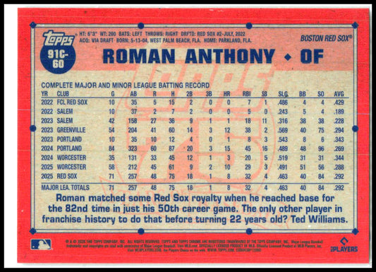 2026 Topps 1991 Topps 35th Anniversary Chrome #91C-60 Roman Anthony Boston