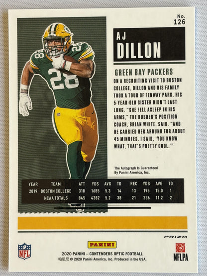 2020 Panini Contenders Optic Rookie Auto #126 AJ Dillon Rookie Auto Packers