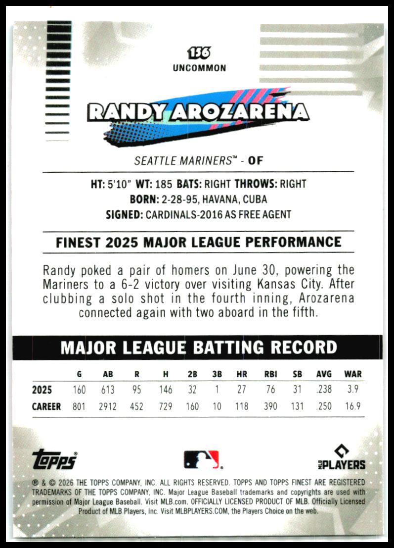 2026 Topps Finest Pink #/250 #136 Randy Arozarena