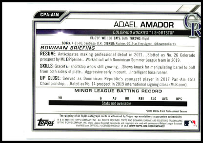 2021 Bowman Chrome Auto Purple /250 #CPA-AAM Adael Amador Auto Rockies