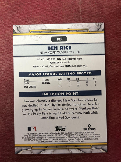 2025 Inception #103 Ben Rice Rookie Yankee
