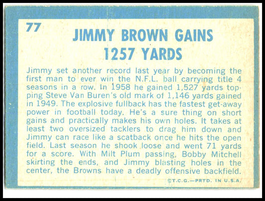 1961 Topps #77 Jimmy Brown Gains 1257 Yards Cleveland Browns