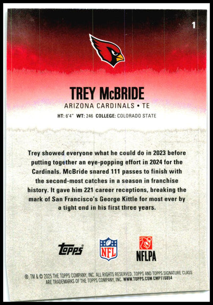 2025 Topps Signature Class Magenta #1 Trey McBride #/250 Arizona Cardinals
