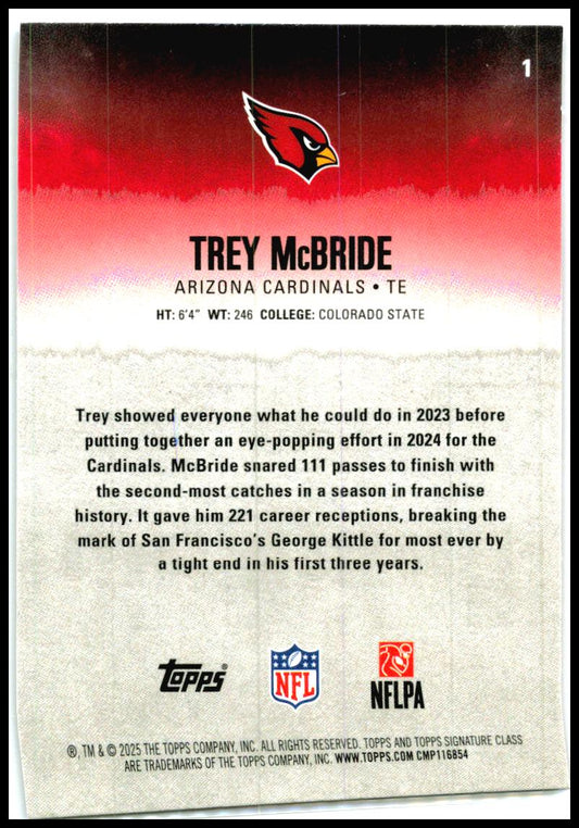 2025 Topps Signature Class Magenta #1 Trey McBride #/250 Arizona Cardinals