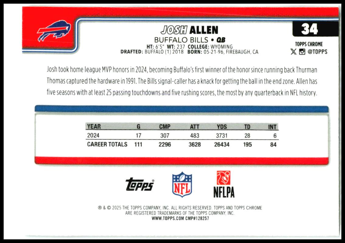 2025 Topps Chrome Ray Wave Refractor #34 Josh Allen Buffalo Bills