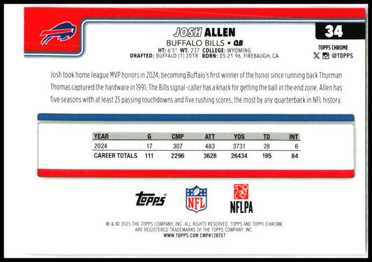 2025 Topps Chrome Ray Wave Refractor #34 Josh Allen Buffalo Bills