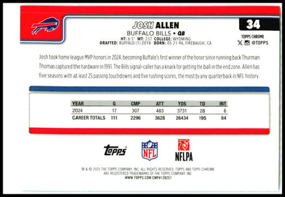 2025 Topps Chrome Aqua Wave Refractor #34 Josh Allen #/199 Buffalo Bills
