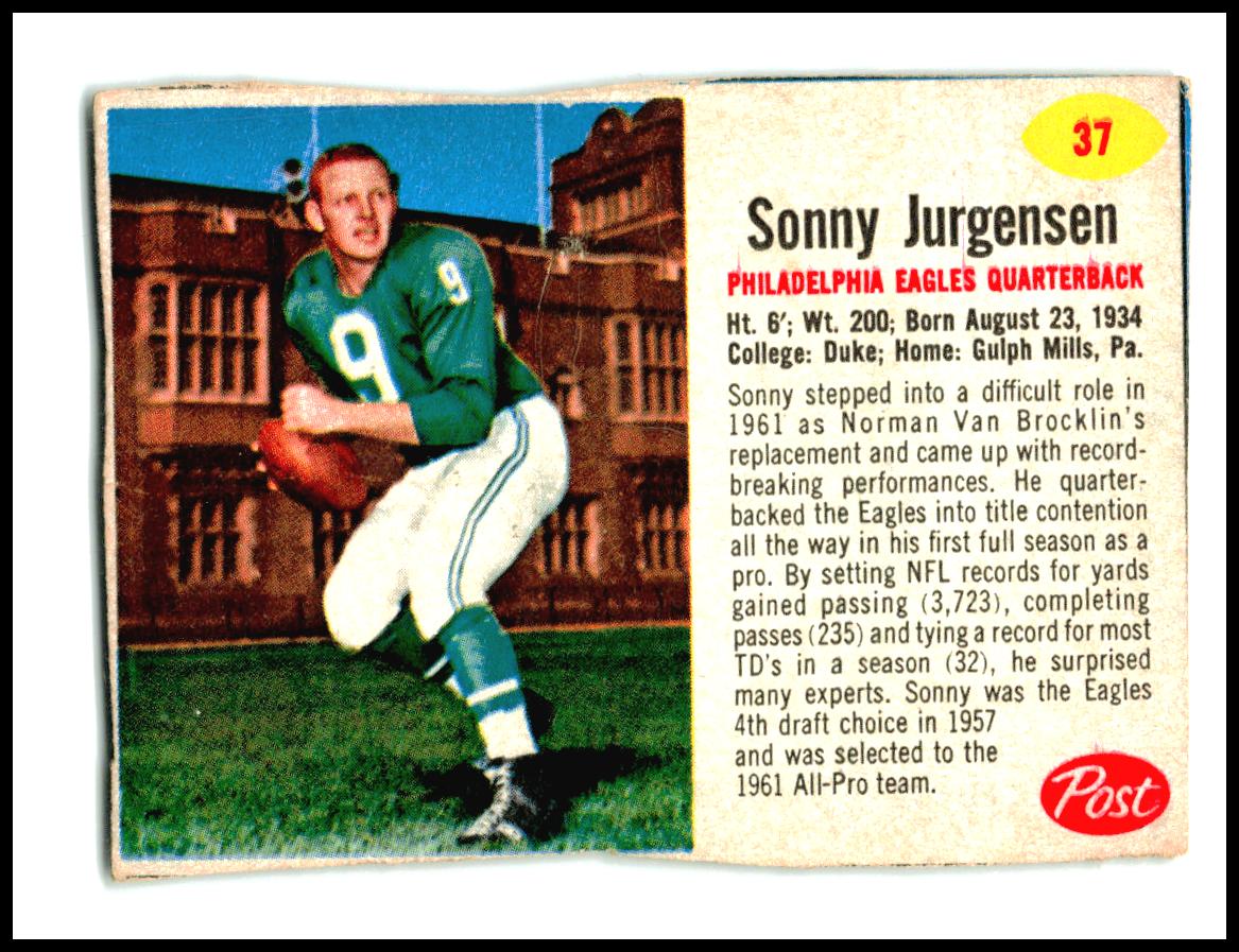 1962 Post Cereal #37 Sonny Jurgensen Philadelphia Eagles