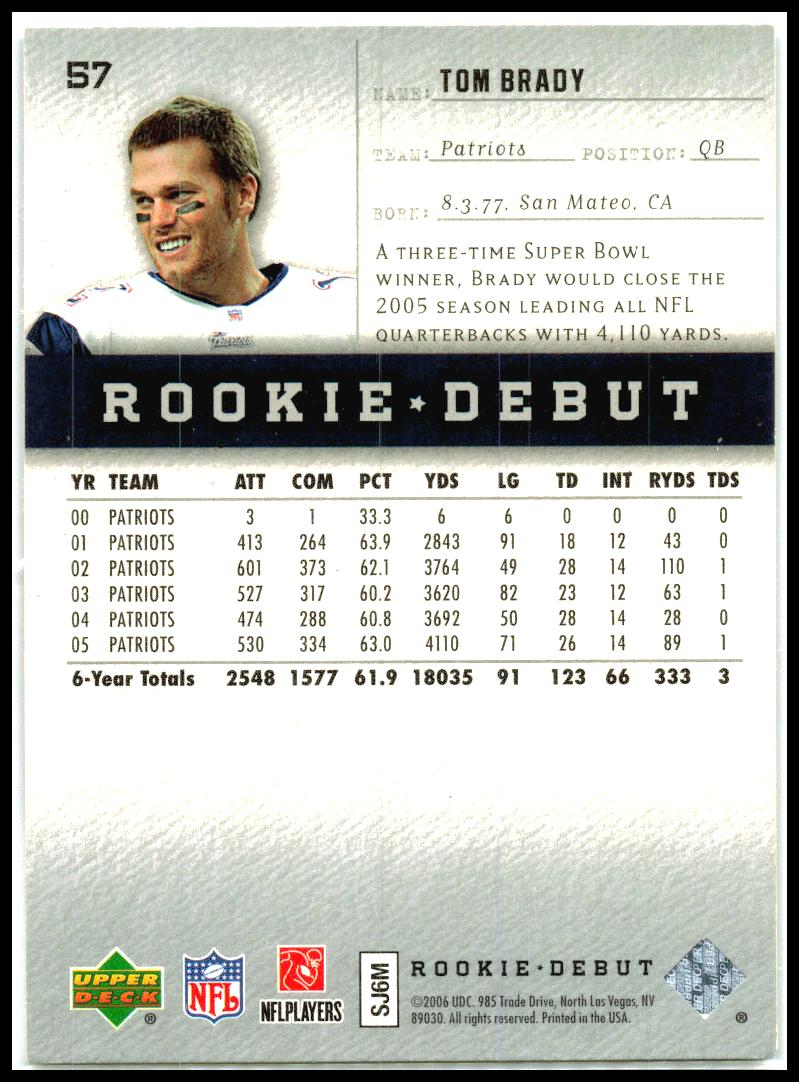 2006 Upper Deck Rookie Debut #57 Tom Brady New England Patriots