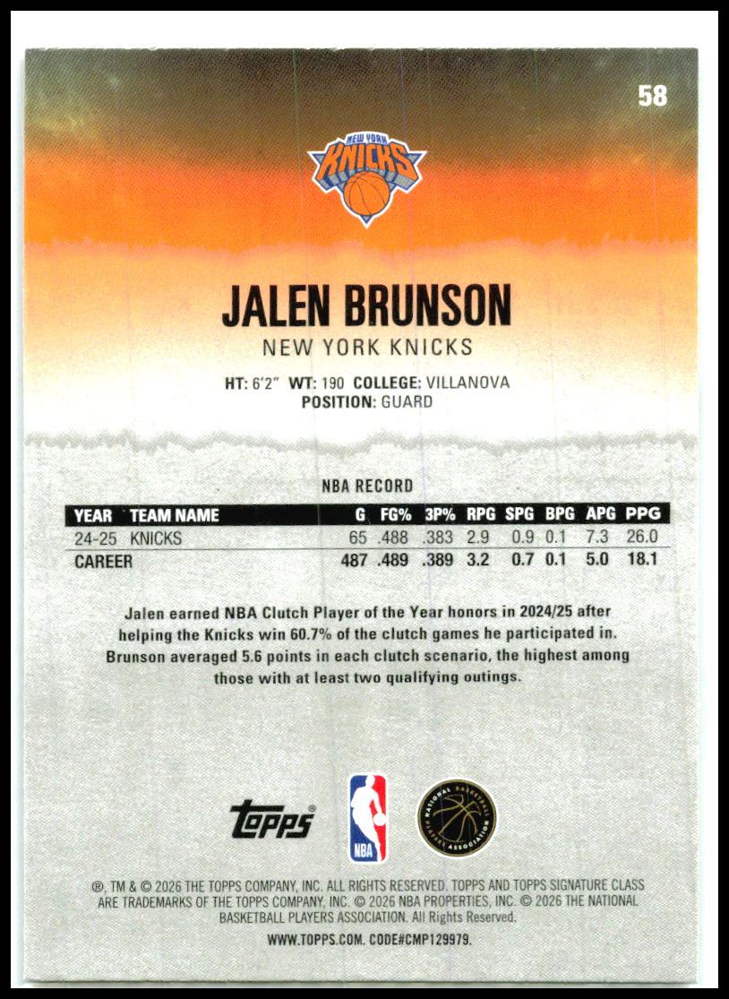 2025-26 Topps Signature Class #58 Jalen Brunson New York Knicks
