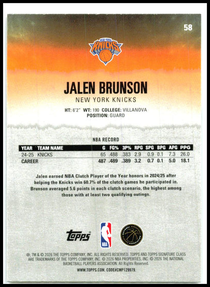 2025-26 Topps Signature Class #58 Jalen Brunson New York Knicks