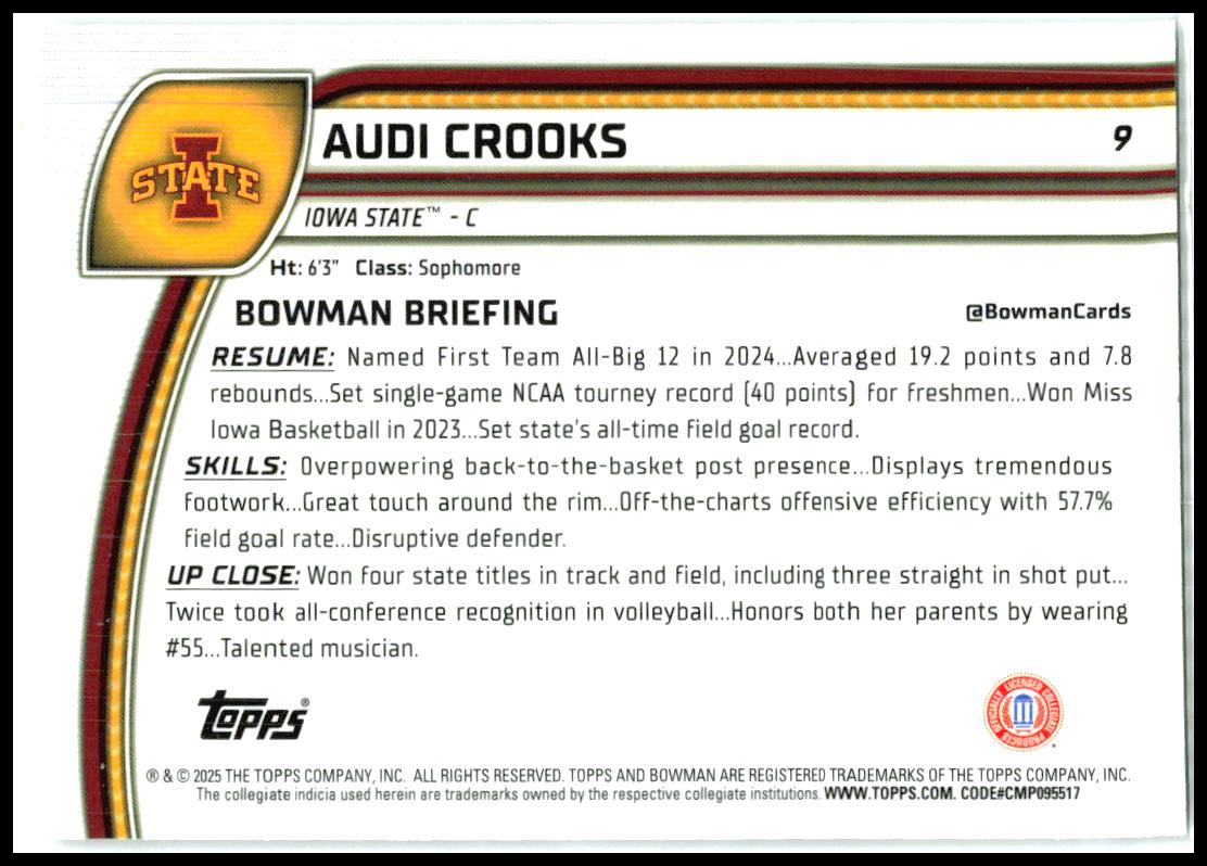 2024-25 Bowman University Chrome #9 Audi Crooks Iowa State Cyclones