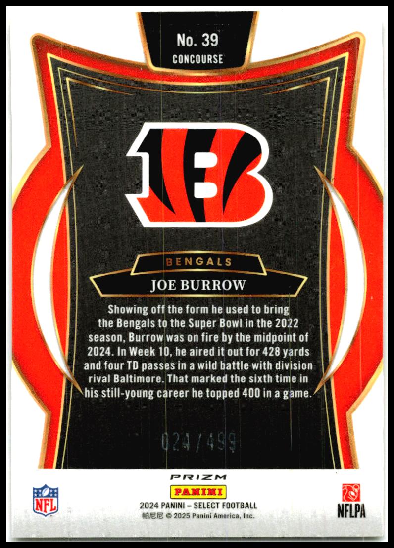2024 Panini Select Orange Prizm Shock #39 Joe Burrow #/499 Cincinnati Bengals