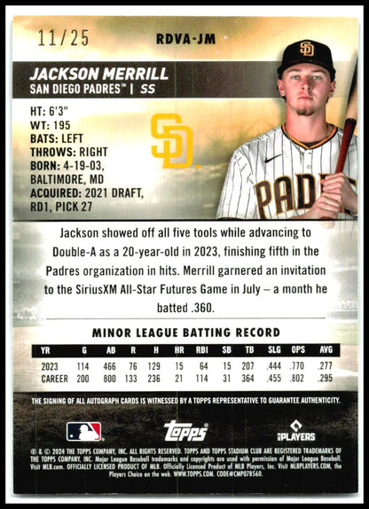 2024 Stadium Club Rookie Design Variation Auto /25 #RDVA-JM Jackson Merrill Auto