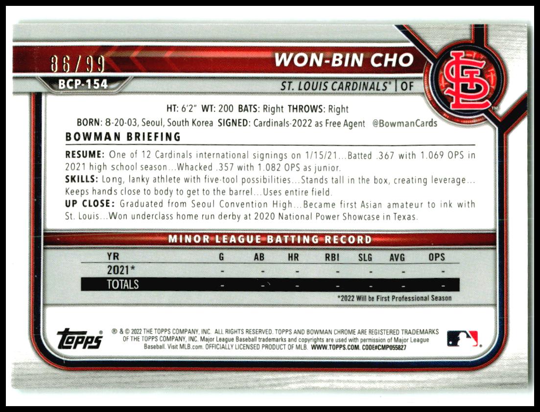 2022 Bowman Chrome Green Shimmer Refractor #BCP-154 Won-Bin Cho Cardinals