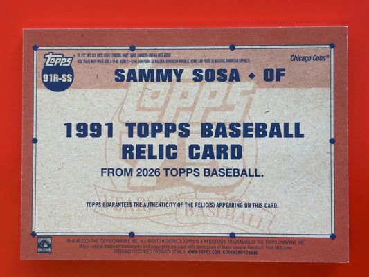 2026 Topps 1991 Topps 35th Anniversary Relics Orange #91R-SS Sammy Sosa Cubs