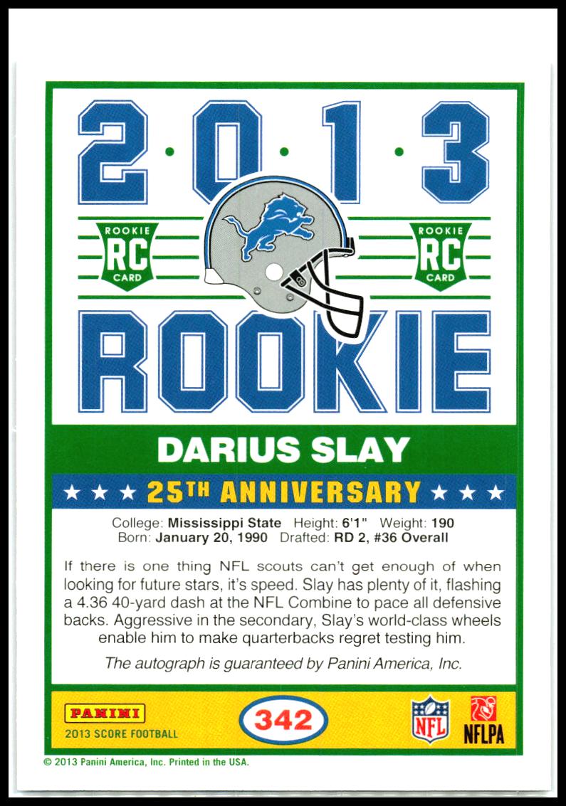 2013 Score Rookie Signatures Purple #342 Darius Slay Rookie Auto Detroit Lions