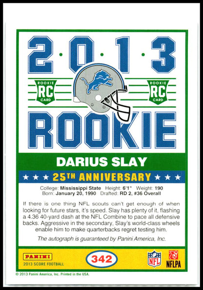 2013 Score Rookie Signatures Purple #342 Darius Slay Rookie Auto Detroit Lions
