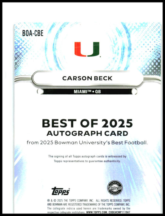 2025 Bowman U Best Auto Purple Lava #BOA-CBE Carson Beck Auto Cardinals
