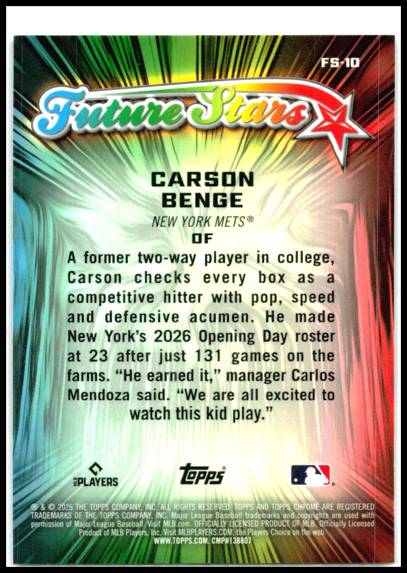 2026 Topps Chrome Future Stars #FS-10 Carson Benge New York Mets
