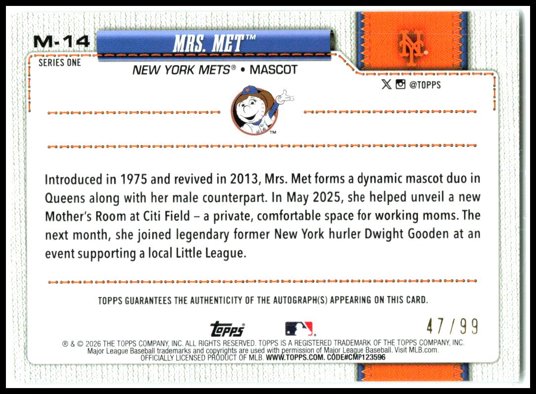 2026 Topps Mascots Autographs #M-14 Mrs. Met Auto #/99 New York Mets