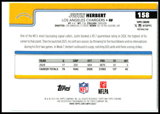 2025 Topps Chrome Refractor #158 Justin Herbert Los Angeles Chargers